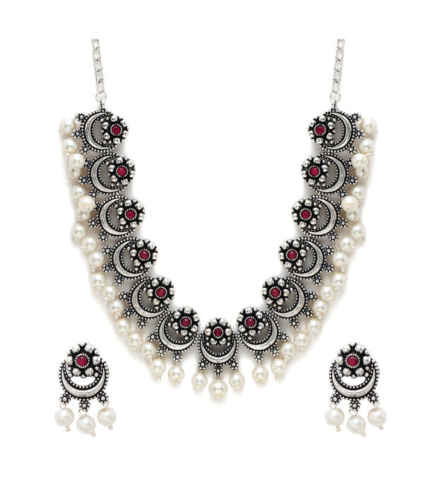 YouBella Jewellery Oxidised Silver Necklace Jewellery Set with Earrings for Girls and Women (Silver) (YBNK_50526)